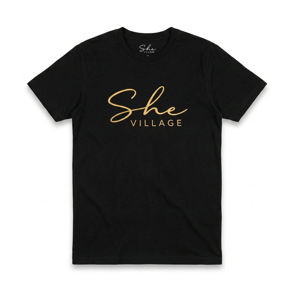 She Village Script Tee — Black / Gold