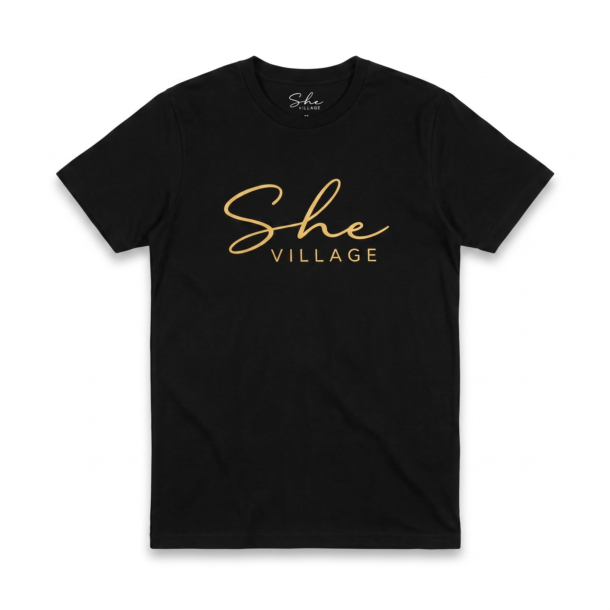 She Village Script Tee — Black / Gold