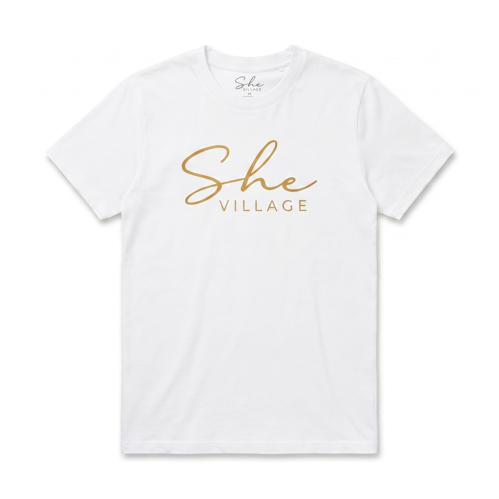 She Village Script Tee — White / Gold