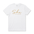 She Village Script Tee — White / Gold