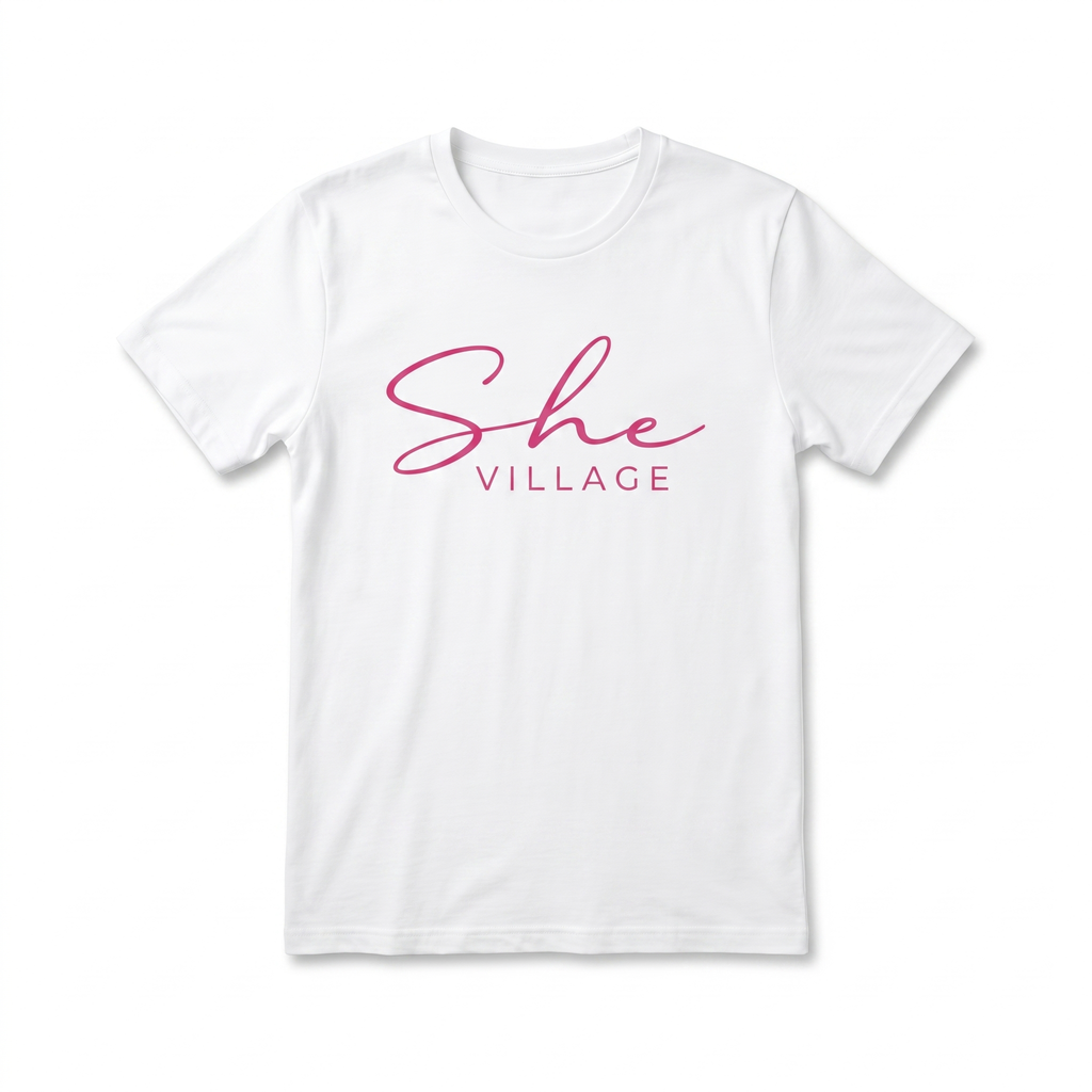She Village Script Tee — White / Pink