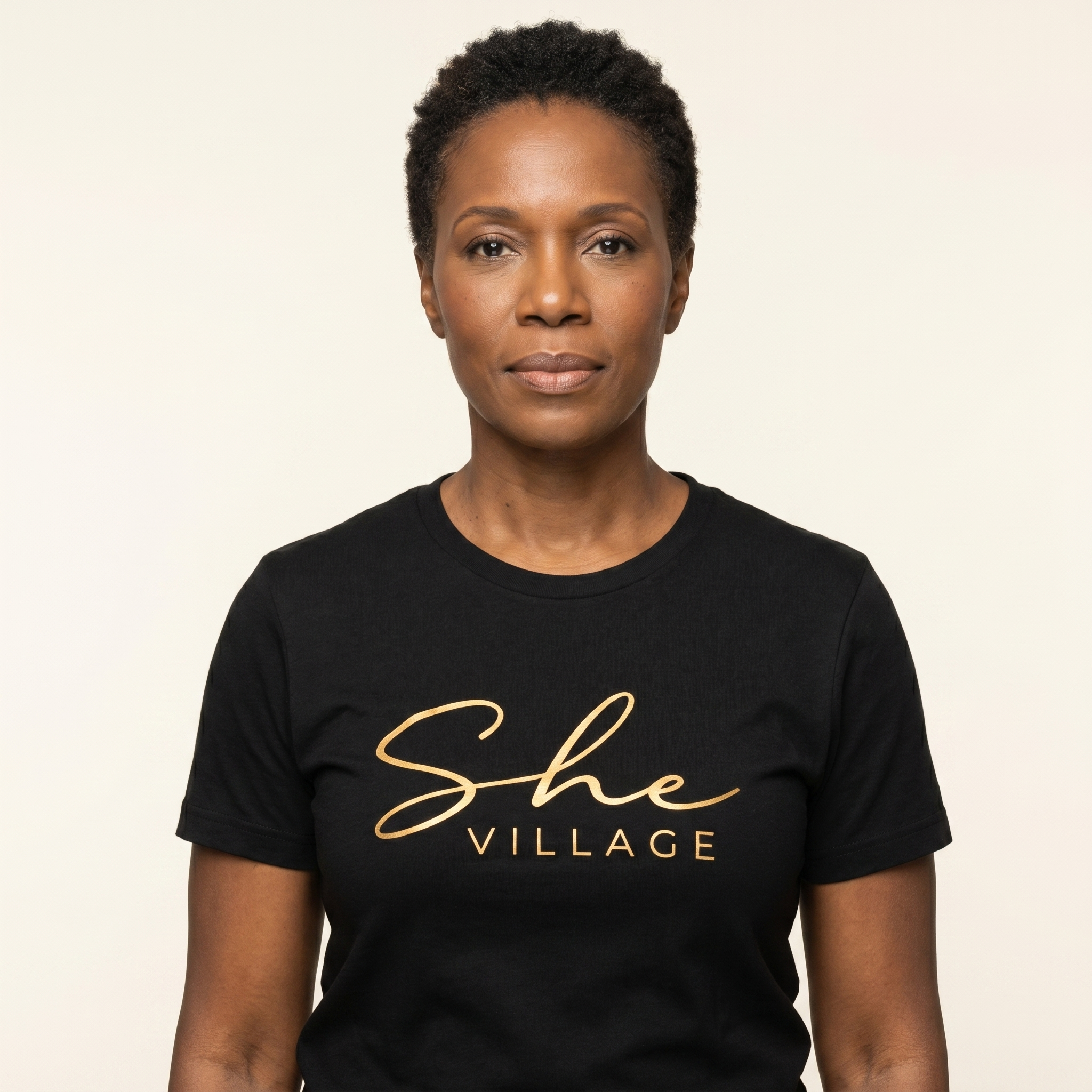 She Village Script Tee — Black / Gold