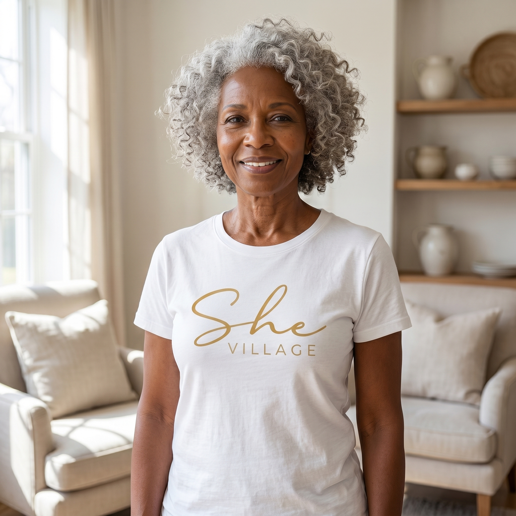 She Village Script Tee — White / Gold