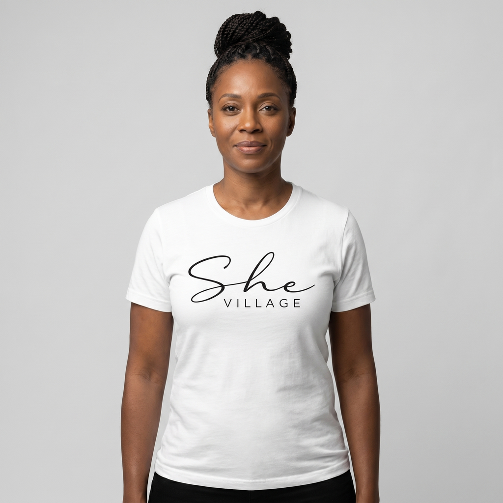 She Village Script Tee — White / Black