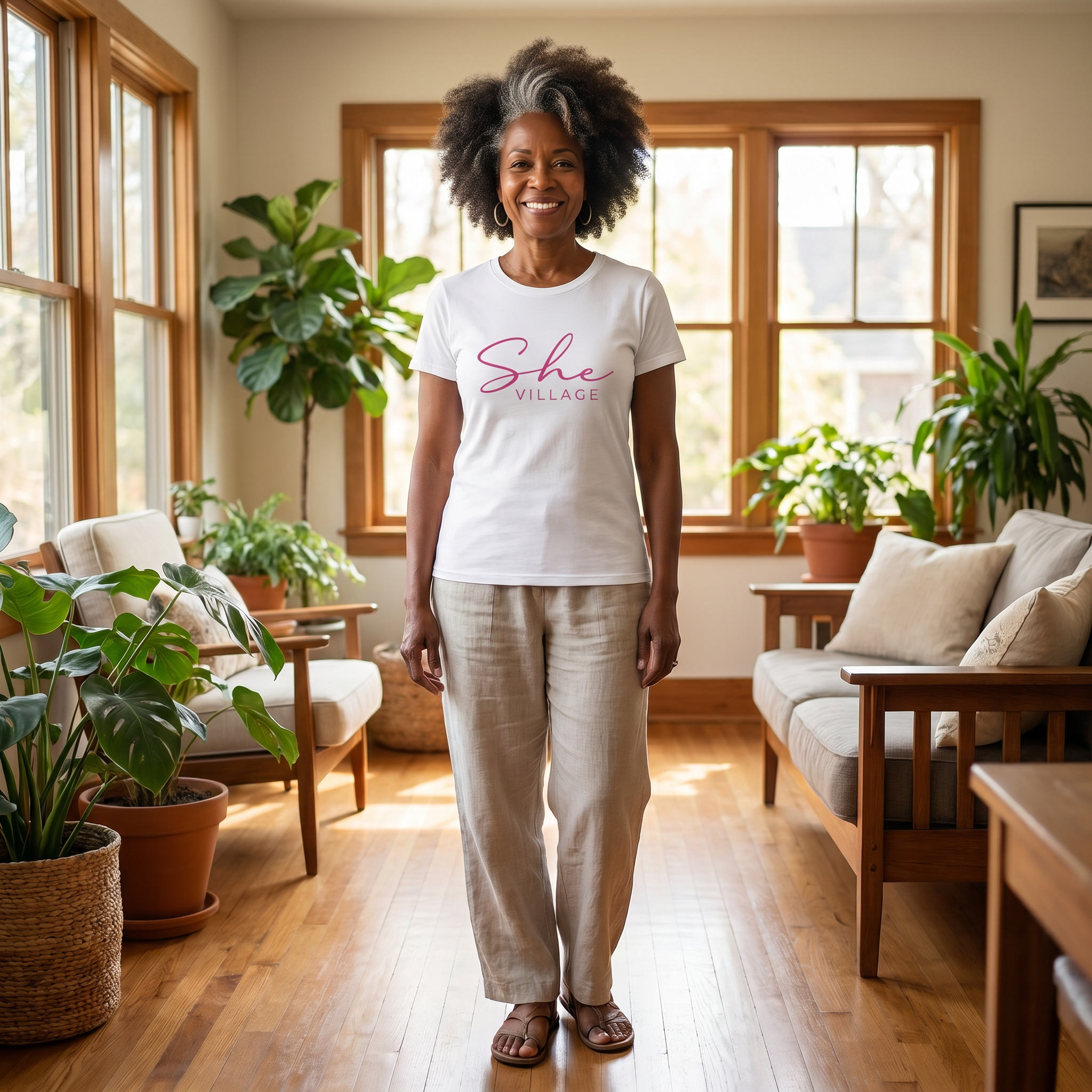 She Village Script Tee — White / Pink