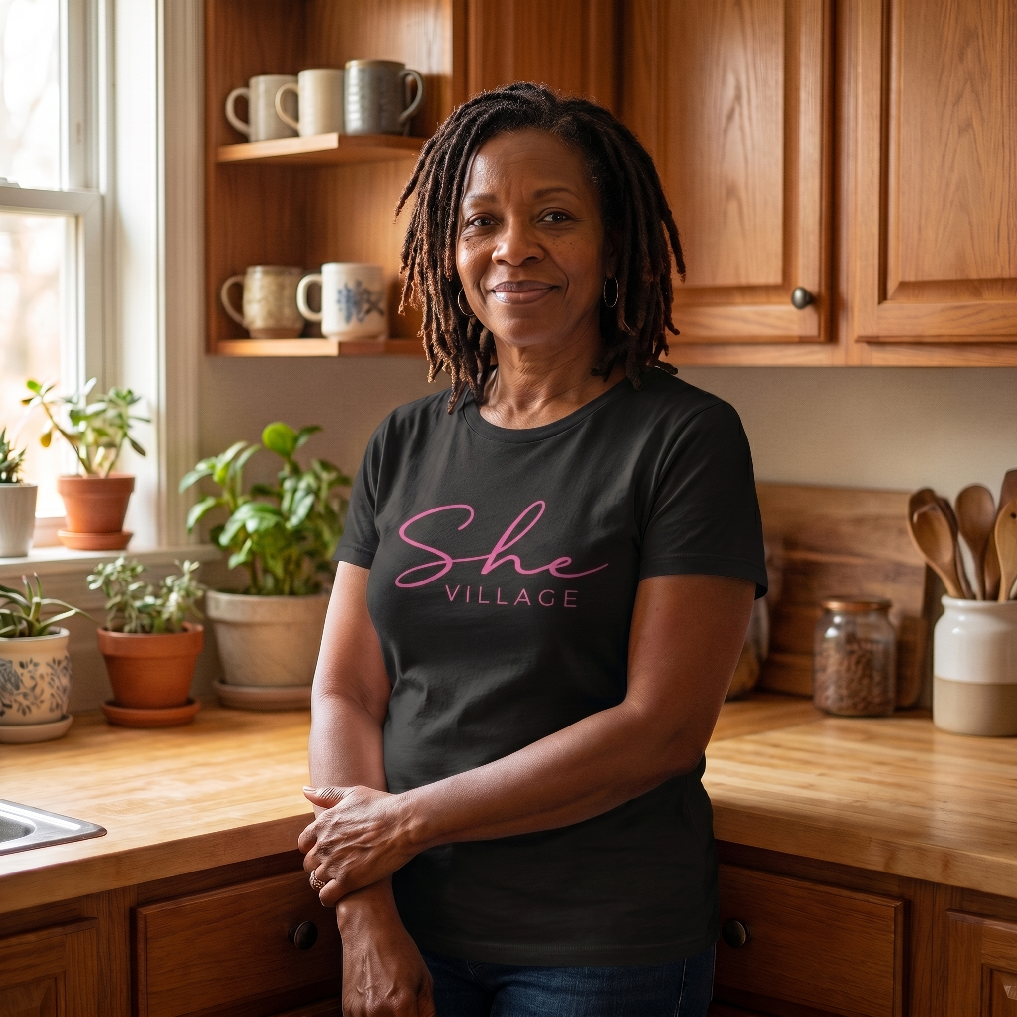 She Village Script Tee — Black / Pink
